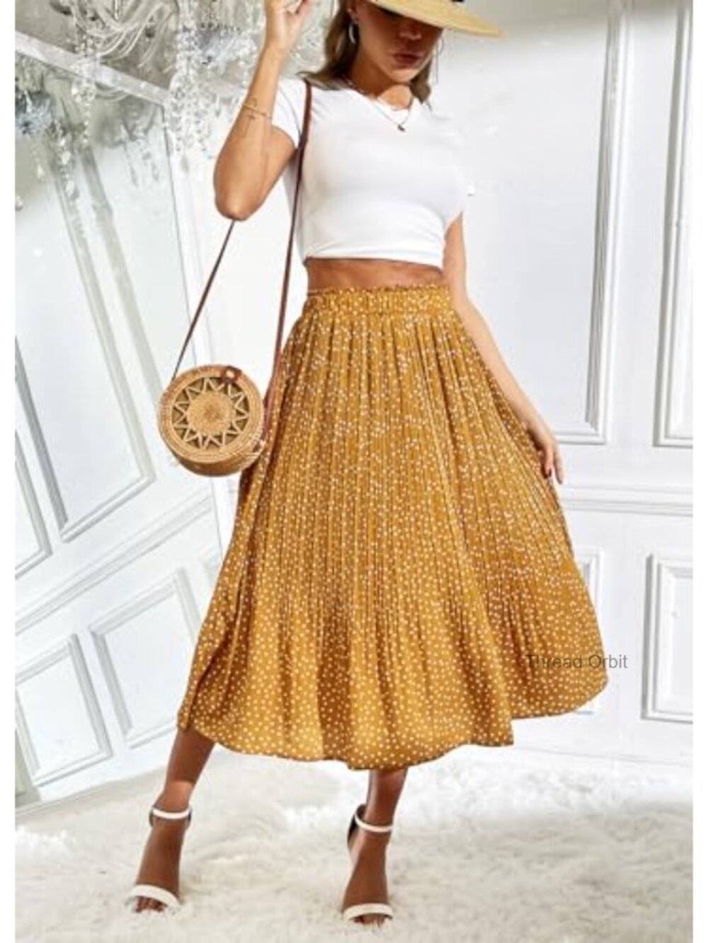 Women's High Waisted Pleated A-Line Midi Skirt with Pockets - Picture 4 of 6